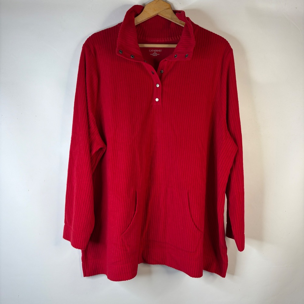 Catherines Pullover Top Women 2X Red Ribbed Snap Neck Kangaroo Pocket